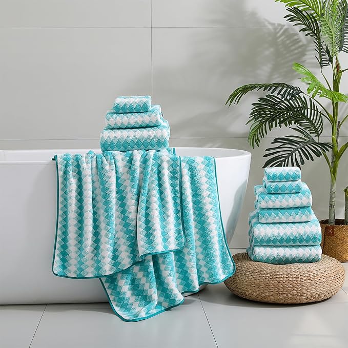 12 Pcs Aqua White Diamond Towel Set-4 Bath Towels,4 Hand Towels,4 Washcloths Soft Polyester Towels with Loop Absorbent Shower Towel Quick Dry Beach Chair Towel Family Towels for Bathroom Spa Gym Pool