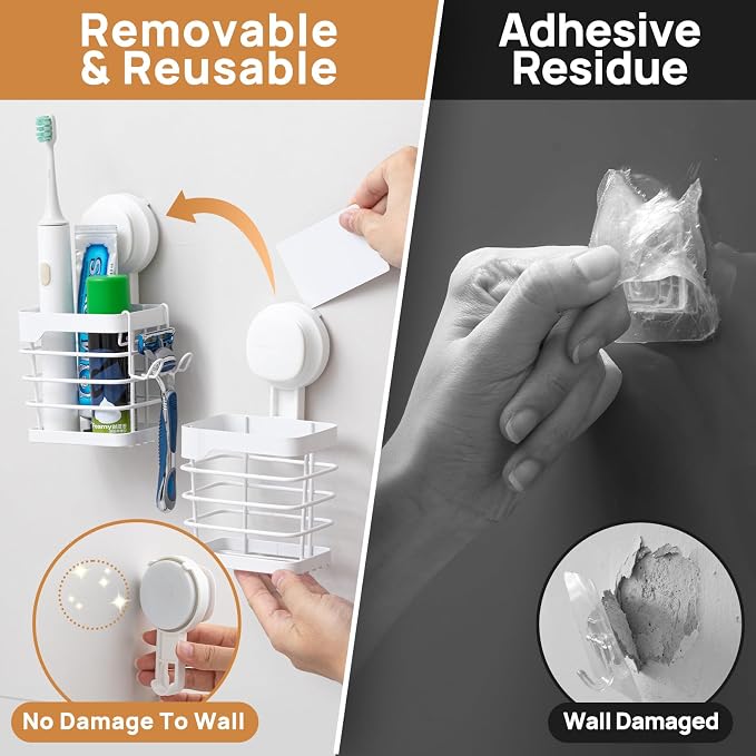 Upgraded Suction Cup Toothbrush Holder with Visible Safety Indicator, White | Heavy Duty Stainless Steel Shower Electric Tooth Brush and Toothpaste Organizers, Removable, No Drilling, Anti-Puddling