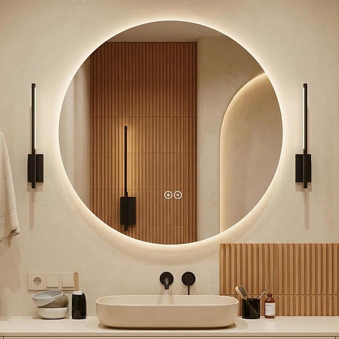 LAIYA 32 Inch Round LED Bathroom Mirror Frameless Backlit Anti-Fog Dimmable | Touch control, 24V IP65 strip, CRI 95+, 3000K-6000K colors, 10%-100%, memory, 5mm copper-free glass, 3-5 min defog, wall kit.