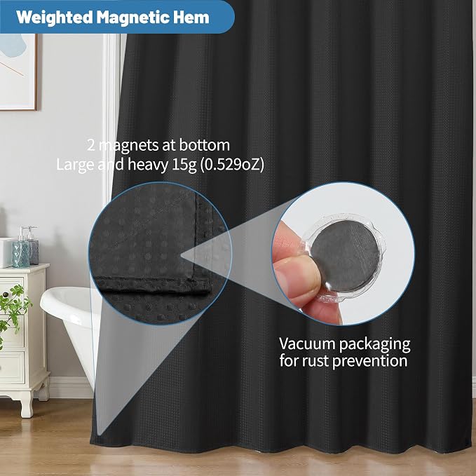 2-in-1 Waterproof Fabric Shower Curtain - No Separate Liner Needed, Hotel-Style Waffle Weave, Effortless Cleaning & Washable Bathroom Shower Curtain Set,72Wx78H,Black