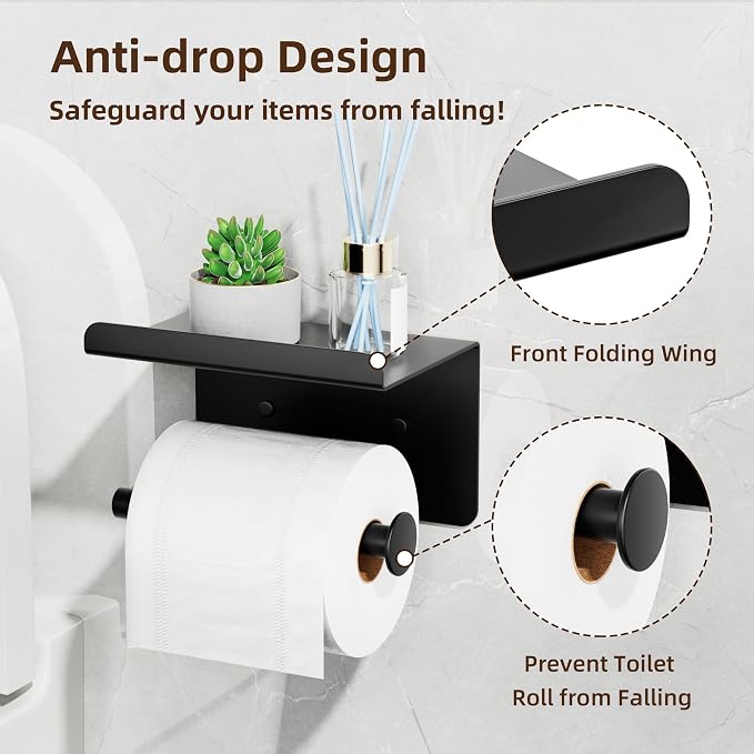 Adhesive Toilet Paper Holder with Phone Shelf, Wall Mounted Toilet Paper Roll Holder, Rustproof Bathroom Tissue Roll Holder with Shelf, Sticky Toilet Paper Roll Holder- Matte Black… | Two Installation Ways:Self Adhesive or Wall Mount, Stick On Toilet P...
