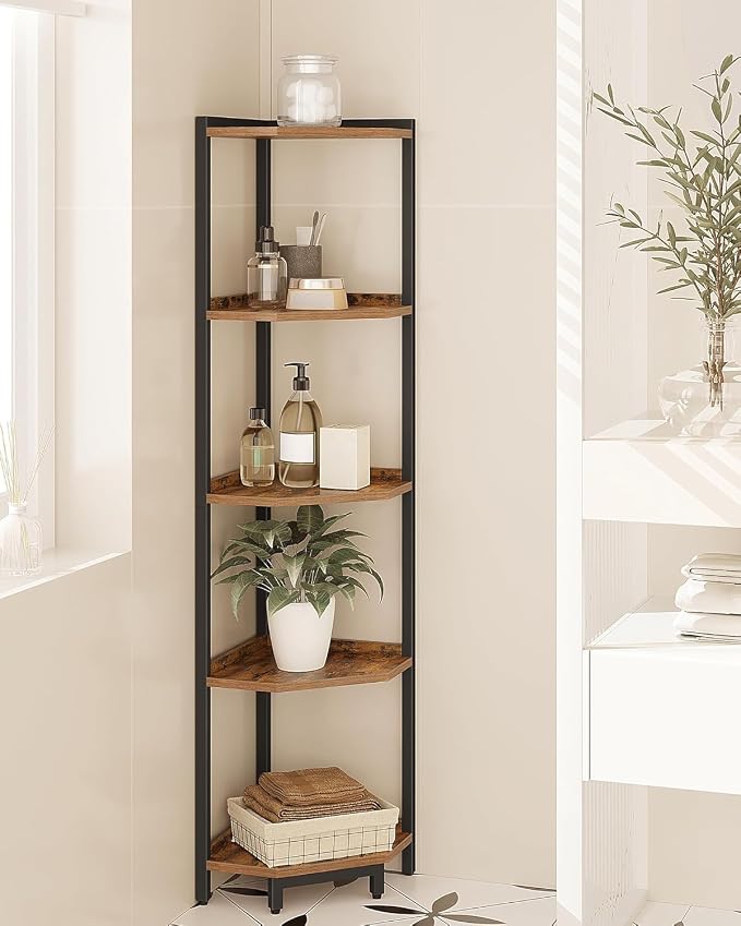 Hzuaneri Corner Shelf Stand 5-Tier Corner Bookshelf Storage Standing Shelf | Bookcase Plant Stand with Metal Frame for Living Room, Home Office, Bedroom, Black CS05901B