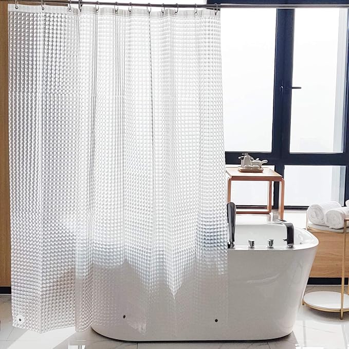NTBAY EVA Shower Curtain Liner, 72 x 72, 6 Gauge, Clear Checkered | Water-repellent EVA Liner with 3 Bottom Magnets, 12 Reinforced Grommets, and 12 Plastic Hooks