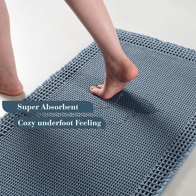 RESARE Waffle Bathroom Runner Rugs, Non Slip Boho Bath Mat 24"x60" Blue | Long Absorbent Bathroom Floor Mats Machine Washable Quick Dry, Soft Solid 2'x5' Bath Rugs with Tassels, Ideal Farmhouse Decor