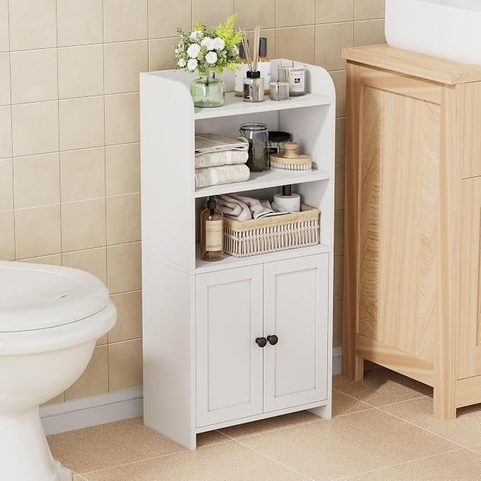 Homhedy Small Bathroom Storage Cabinet, Toilet Paper Storage Cabinet | Bathroom Floor Cabinet with Doors and Shelves, Bathroom Organizers for Small Spaces, 7.9" D x 14.6" W x 31" H, White