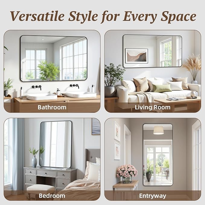 Bathroom Mirror 55" x 30", Large Rectangle Wall Mirror, Black Metal Frame Wall Mounted Mirrors for Bathroom, Vanity, Bedroom, Entryway Decor(Horizontal/Vertical)