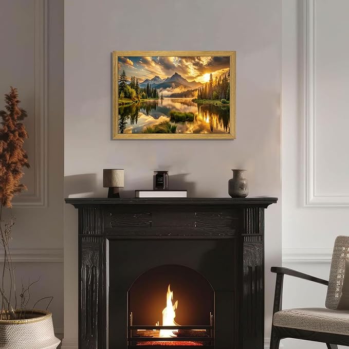Framed Canvas Wall Art 16x24 Inch, Vintage Landscape Wall Art Decor, Countryside Farmhouse Sunset Landscape Wall Decor, Retro Mountain Vintage Painting Prints for Living Room Bedroom Home Bathroom Decor