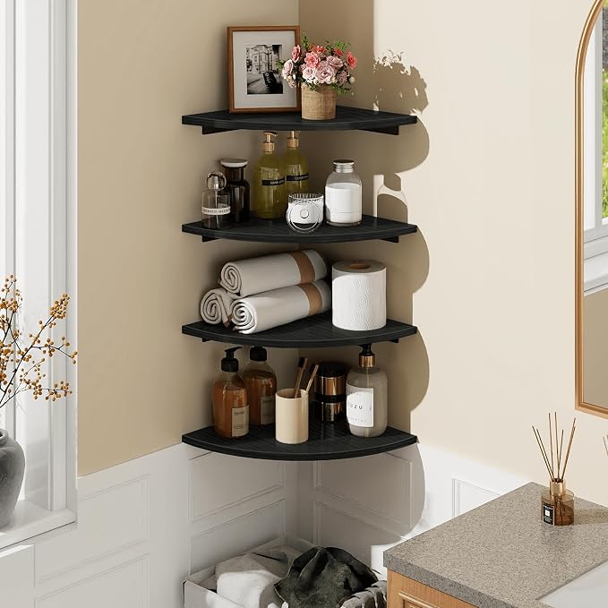 Corner Shelf Wall Mount, 4 Tier Rounded Corner Floating Shelves, 12 Inch Deep Hanging Corner Shelf Storage, Wood Corner Wall Shelving for Living Room Bedroom Bathroom Kitchen, Black