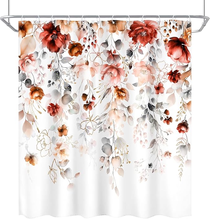 Autumn Fall Floral Red Burgundy Brown Bathroom Shower Curtain Set | 72"W x 72"L Flower Eucalyptus design with waterproof HD artwork, quick-dry fabric and hooks for easy hanging.