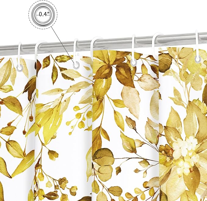 Yellow Eucalyptus Shower Curtain, Watercolor Floral Print, 72x84 | Watercolor Plant Leaves Floral Print, Waterproof Fabric Bathroom Decor, Machine Washable, Rustproof Grommets
