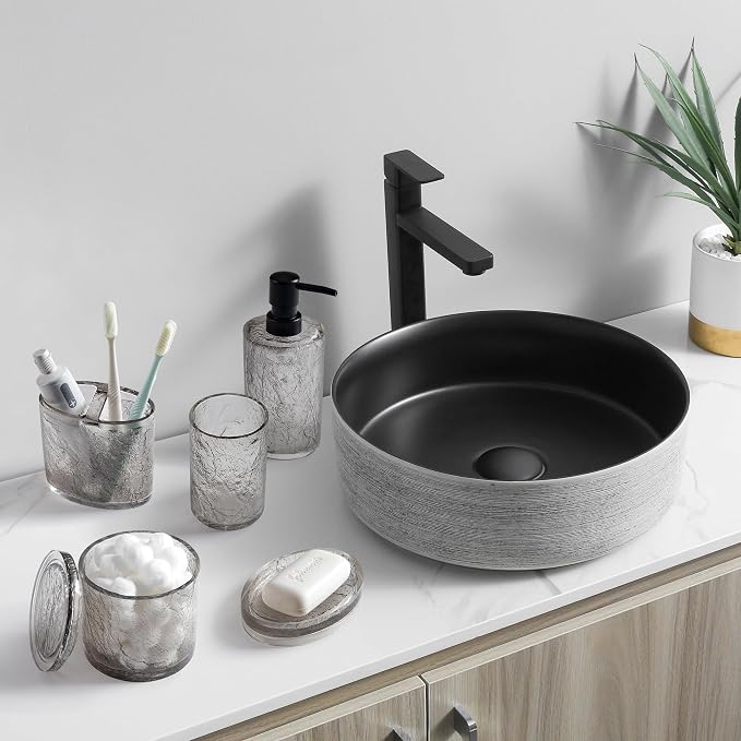 RQYIXI Resin 5-Piece Bath Accessories Set, Silver Crackle, Cotton Swab Jar | bathroom accessories set clear resin silver ice crackle texture shatterproof unbreakable modern countertop organization
