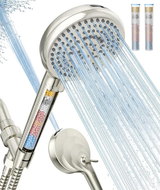 Filtered Shower Head with Handheld, 10 Spray Mode High Pressure Shower Head with Filters, Shower Filter Head for Hard Water, Powerful Spray for Cleaning, 2 Replaceable Filters Included, Brushed