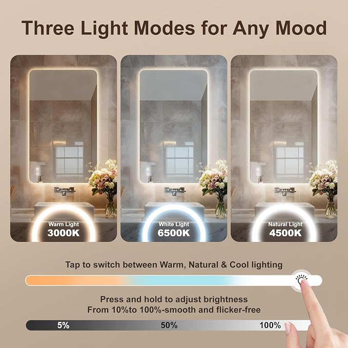 30''x40'' Lighted Mirrors for Bathroom Wall Backlit Rectangular LED Bathroom Mirror Frameless with Anti Fog, Dimmable, 3 Colors,Tempered Glass, Shatter-Proof