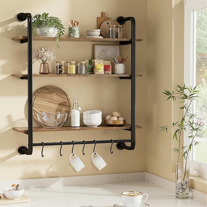 3 Tier Industrial Pipe Floating Shelf, 24" Kitchen Wall Shelves | with Towel Bar & 6 Hooks, Coffee Bar Shelves Display Bookshelf Wall Shelf for Kitchen, Bathroom, Home Décor, Rustic Brown