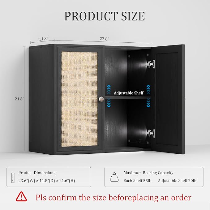 Wall Cabinet Storage-Rattan Laundry Cabinet,Kitchen Wall Mounted Cabinet with Adjustable Shelves for Laundry Room, Kitchen,Dining Room,Bathroom 24INCH X 1PCS，Black