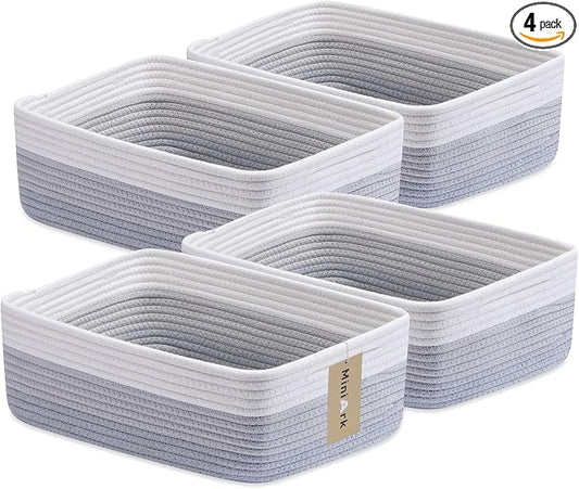 MiniArk Large Shallow Organizing Baskets 15x11x5.1 Inches - Rope Woven Storage Bins for Bathroom, Shelves, Cube Closet, Gradient Grey 4 Packs