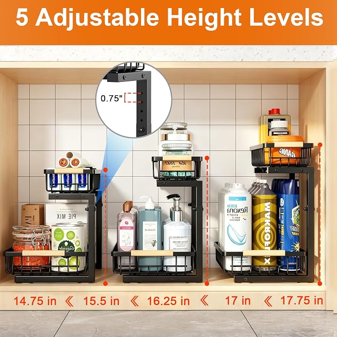 Under Sink Organizer, Adjustable 2 Tier Pull Out Kitchen Bathroom | cabinet organizer, 5 level adjustable, quiet sliding rails, dual suction and nano tape, no drill, rust resistant holds 50 lbs