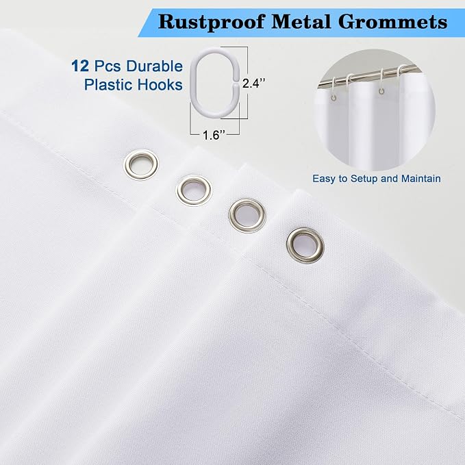 Zora White Shower Curtain, Fabric Shower Curtain for Bathroom - Soft Cloth Hotel Spa Quality, Water Repellent Bath Decor, Washable Shower Curtain Set with 12 Hooks, Grommets Top, 72Wx72L