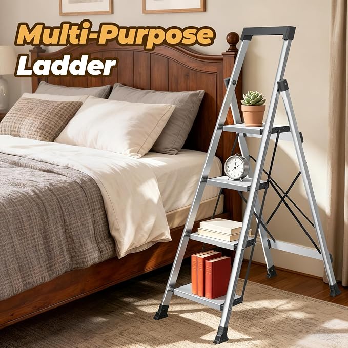 HBTower 4 Step Ladder, Lightweight Aluminum Folding Step Stool | Anti-Slip Wide Pedal, 330lbs Capacity Step Ladder for Household Kitchen Office, Silver