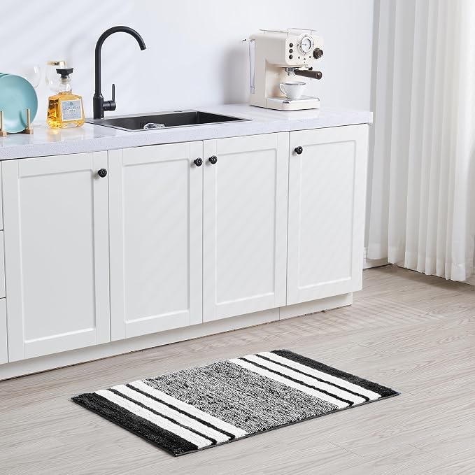 CozeCube Jet Black Striped 24"x16" Non Slip Washable Bath Mat | For Bathroom, Fluffy Absorbent Microfiber Bath Mats Machine Wash, Stylish Small Aesthetic Bathroom Rugs