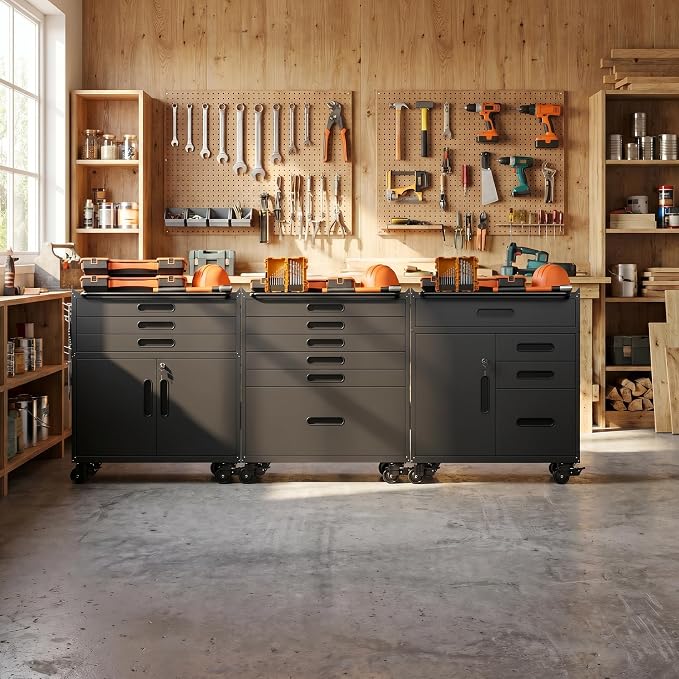 Garage Tool Cabinet Set,Heavy Duty Steel Rolling Tool Chest with Lockable Doors & Adjustable Shelves