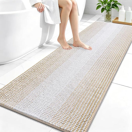 OLANLY Bathroom Runner Rugs 59x24, Soft Chenille Striped Bath Rugs, Beige | Extra Absorbent, Rubber Backing, Machine Wash Dry, Bath Mats for Bathroom Floor, Tub and Shower, Home Decor Accessories