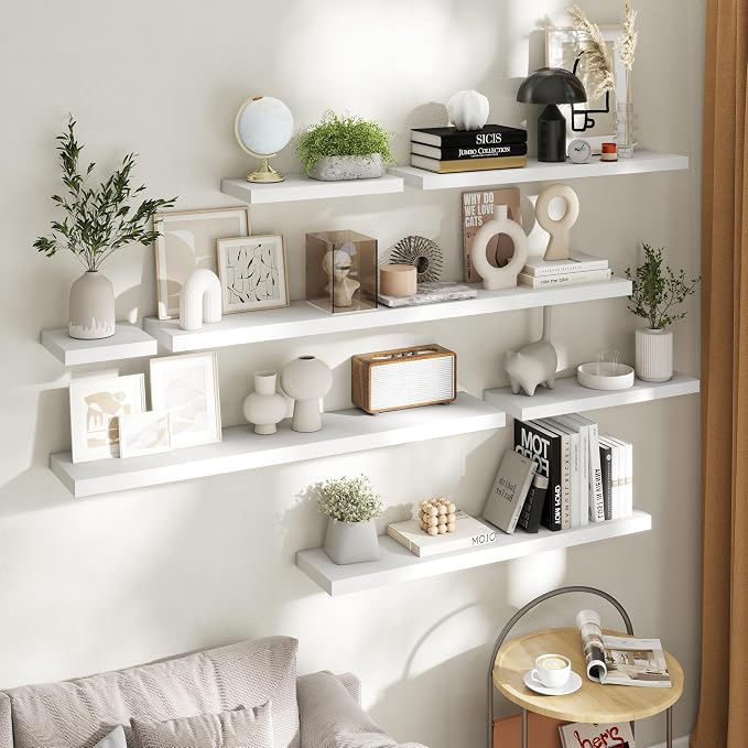 16 Inch Floating Shelves for Wall 2 Pack, 8"D Wood Grain Bathroom Shelves | Invisible Brackets, White Finish, Easy Install | Engineered Wood Storage Shelves for Kitchen, Study, Bedroom