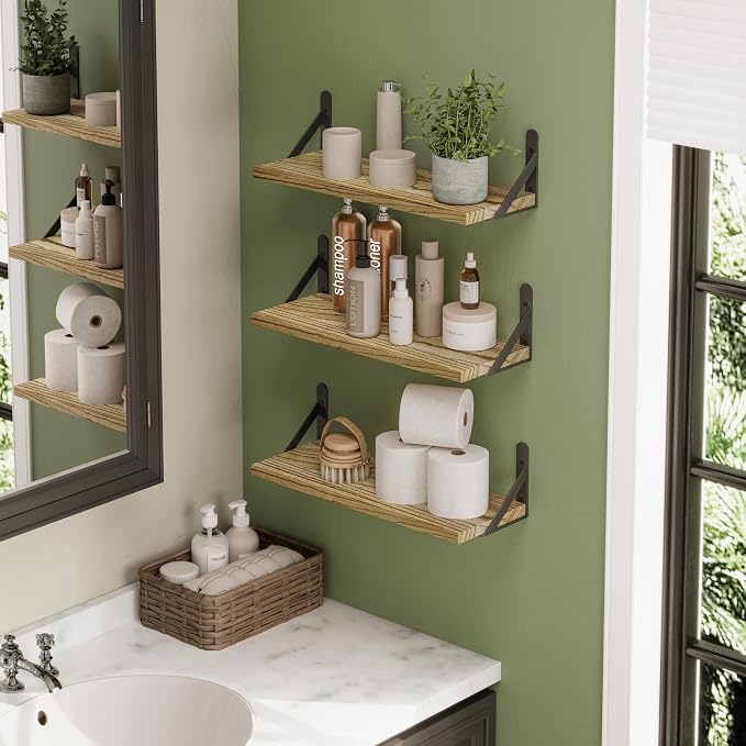 YGEOMER 16.5in Floating Shelves for Wall, Light Carbonized Brown Set of 6 | Rustic wood shelves with metal brackets. Space-saving for books & decor. Works in bathroom, kitchen, living room & bedroom.