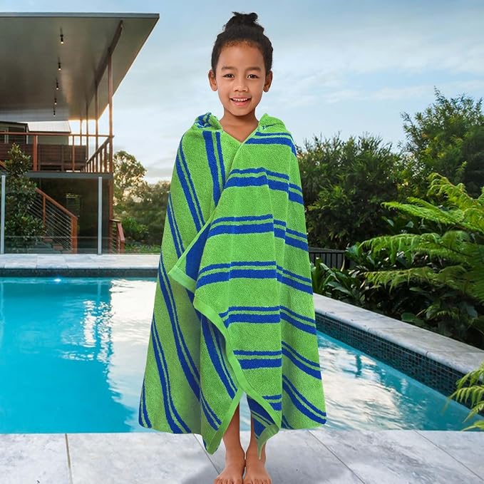 VOOVA & MOVAS Hooded Pool Towels for Kids,3-10 Years,Green | Fine Jacquard Stripe Craft, Generous Size, Powerful Absorbency, Great for Daily Bath and Outdoor Water Play