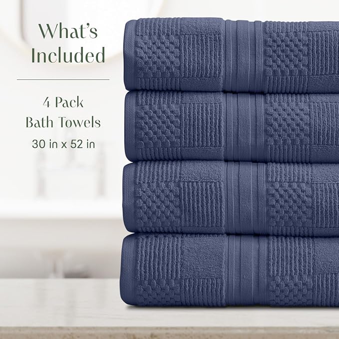 100% Cotton Bath Towel Set | 4-Pack | Textured | Indigo | Luxury Geometric Design | Absorbent & Quick-Dry Bathroom Towels | Textured and Durable Cotton Towels for Bathroom | OEKO-TEX