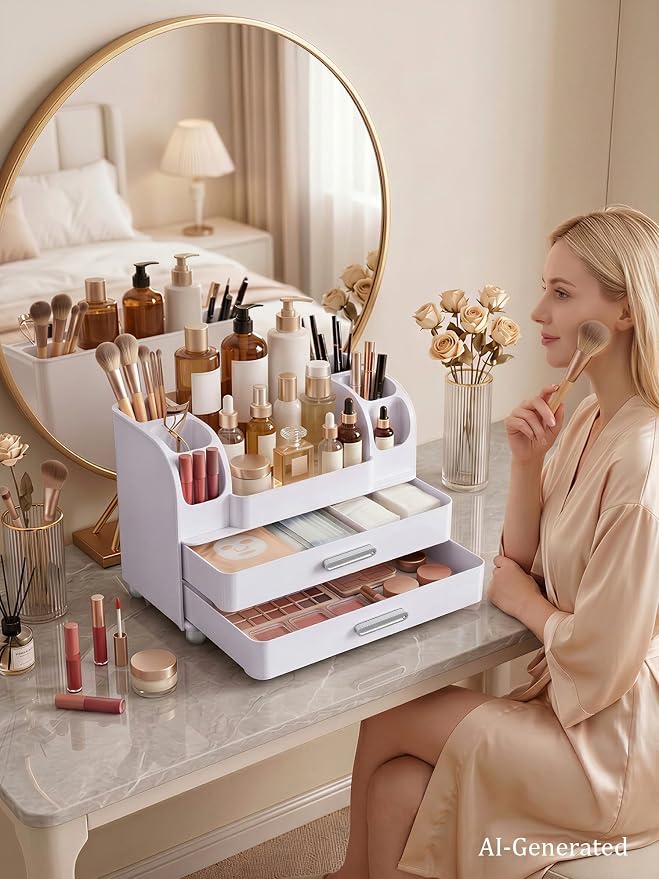Large Makeup Organizer Countertop for Vanity Skincare Organizers | Cosmetic Display Cases with Drawers and Brushes Holders, Make up Organizers for Perfumes, Nail Polish, Lipsticks, All White