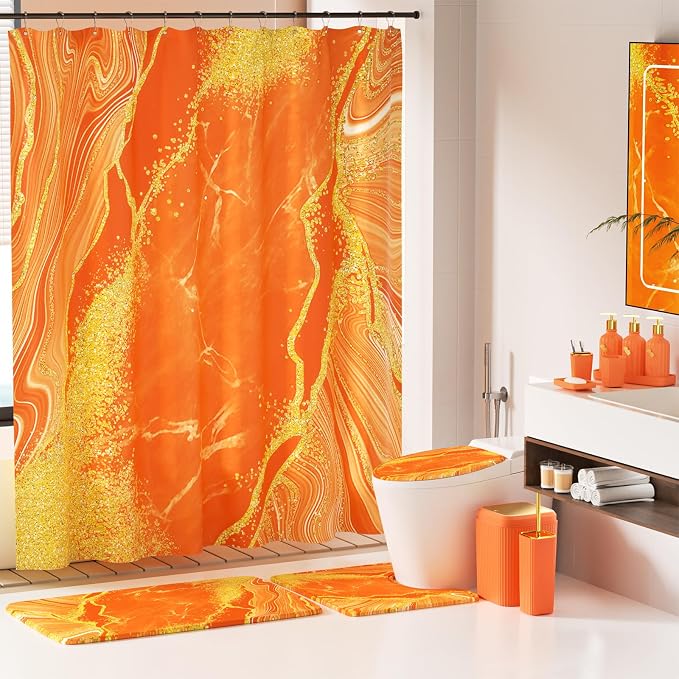 21PCS Bathroom Sets with Shower Curtain and Rugs Bathroom Accessories Set Orange Bathroom Set Complete with Trash Can, Toilet Brush, Qtip Holder & 3PCS Soap Dispenser