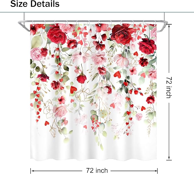 Mother Day Women Red Pink Rose Bathroom Shower Curtain Set | 72"W x 72"L Floral Watercolor design with waterproof HD artwork, quick-dry fabric and hooks for easy hanging.