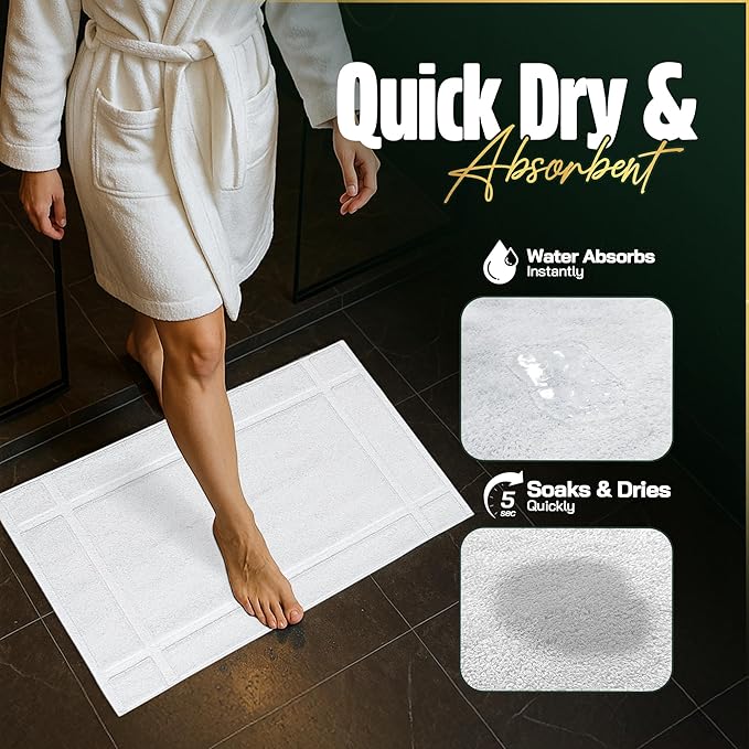 Pearl Linens Pack of 2 100% Cotton Bath Mat 20x30 inches, Soft & Absorbent Quick Dry Bathroom Mat Set, Not Bathroom Rugs, After Shower Mat, Bath Tub Mat, 687 GSM, Machine Washable, White