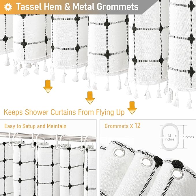 72x78 Boho Farmhouse Linen Fabric Shower Curtain Set, White and Black | Long Size, 330GSM Linen Blend, 3-side Tassels, Water Repellent Cloth, 12 Plastic Hooks, Rustic Bohemian, Machine Washable