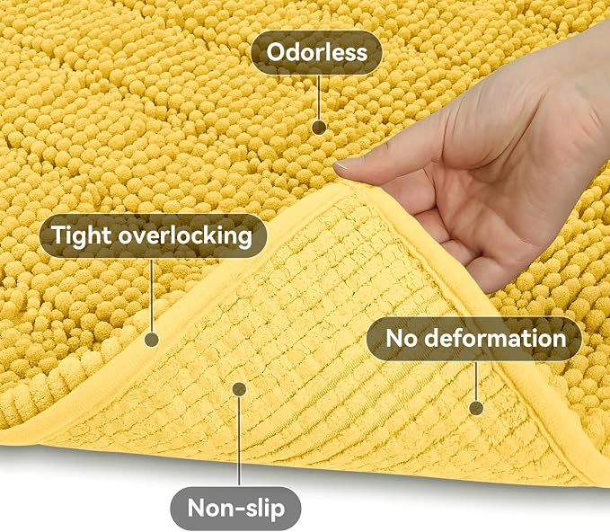 Bcoimo Small Bath Rug Mat,Yellow Chenille High Absorbent Bathroom Floor Mat | Non Slip with Rubber Backing 24x17 Bathroom Rug; Machine Washable;Extra Soft Bath Rug;High Absorbent,Quick Dry Microfiber mat