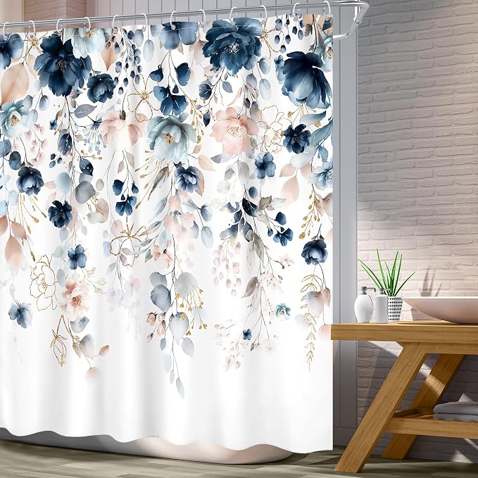 Blue Floral Flower Shower Curtain Cute Navy Flower Pastel Shower Curtain | 72Wx72L Inch Watercolor Plant Eucalyptus Leaf Girly Rustic Country 72Wx72L Inch Bath Bathtub Set Accessories Home Decor