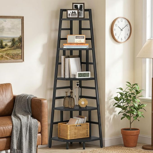 70.1-Inch 5-Tier Tall Corner Shelf, Narrow Bookshelf for Small Spaces, Industrial Bookcase Display Stand for Living Room, Bedroom, Office, Black TCJ25BB