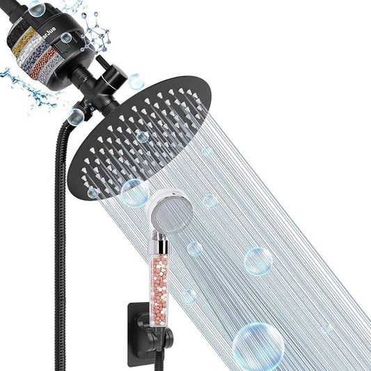 Filter Shower Head, High Pressure 8 Inch Rainfull with Filter Combo for Hard Water, Remove Chlorine Fluoride and Harmful Substances- 1 Replaceable Filter Cartridge (Round, Matte Black)