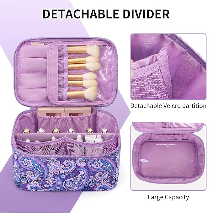 Makeup Bag - Portable Large Capacity Travel Cosmetic Case for Women with Handle and Divider Toiletry Organizer for Girls on the Go -Purple