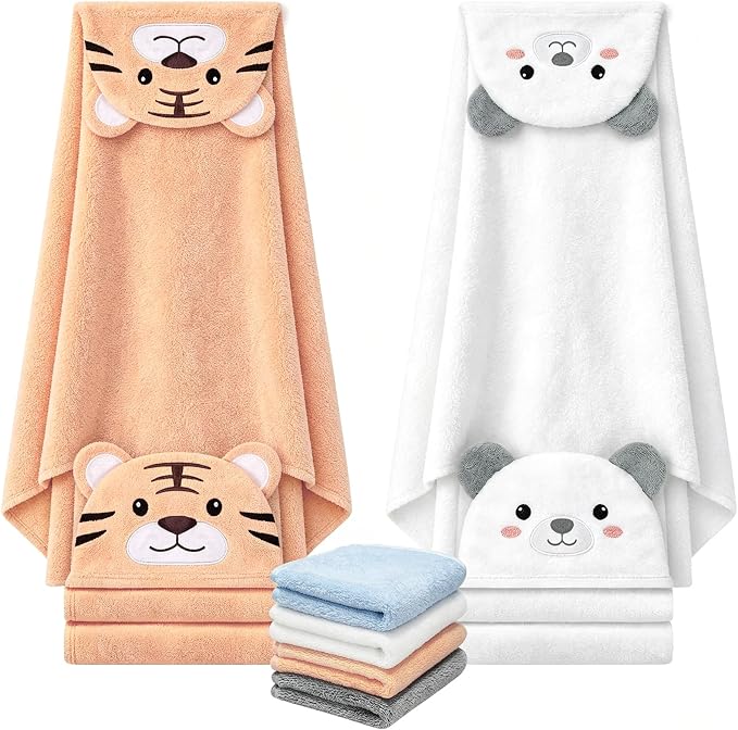 6 PCS Toddler Towels Set for Boy Girl 0-5 Year Essentials, White & Orange | Large Size 55"x27.5", 2 PCS Hooded Baby Bath Towels & 4 PCS Washcloths, Ultra Soft, Thick and Absorbent, Newborn Essentials