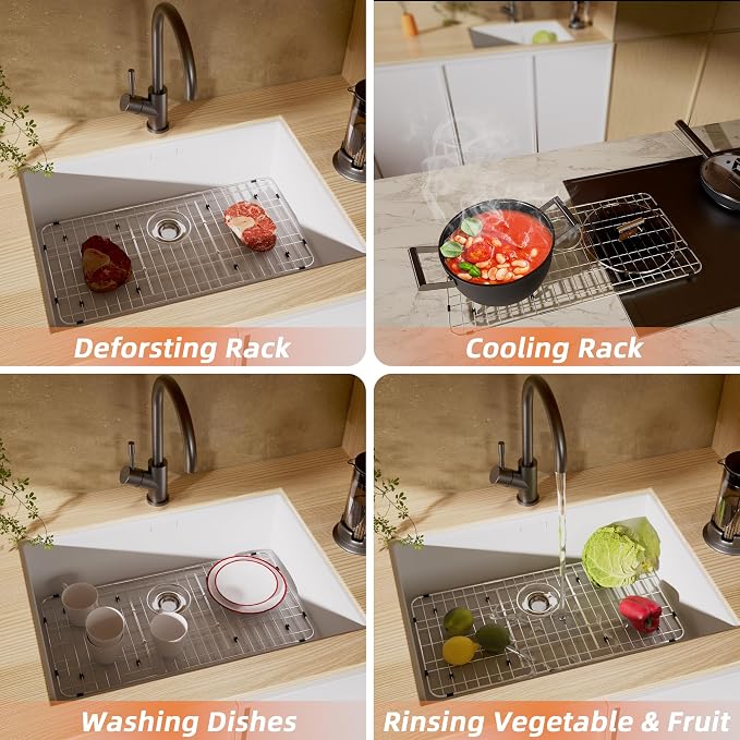 Sink Protector for Kitchen Sink,28.7 X 14.2 inch Sink Rack,Metal Sink Grate with Strainer,Stainless Steel Sink Grid for Bottom of Sink with Rear Drain Hole Dia 5",Corner Radius 1"