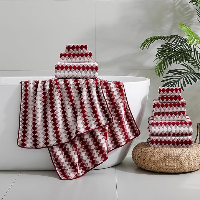 12 Pcs Burgundy Diamond Towel Set-4 Bath Towels,4 Hand Towels,4 Washcloths Soft Polyester Towels with Loop Absorbent Shower Towel Quick Dry Beach Chair Towel Family Towels for Bathroom Spa Gym Pool