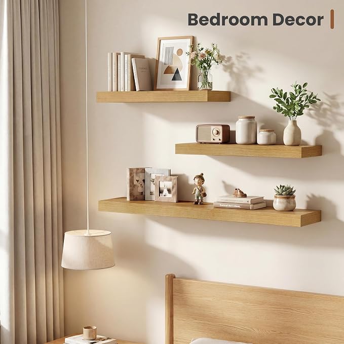 Vivelove Deep Floating Shelves for Wall 16x12” Set of 2, Oak | Easy Install With Hardware, 2" Thick, Invisible Brackets, Wall Mounted, No Sagging, For Any Room