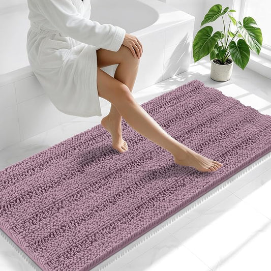 Smiry Thick Chenille Bathroom Runner Rugs 59x24, Soft Bath Mat, Deep Plum | Quick‑Dry & Machine Washable, Non‑Slip Bath Carpet, Striped Bath Rugs for Tub & Shower, Modern Home Decor Accessories