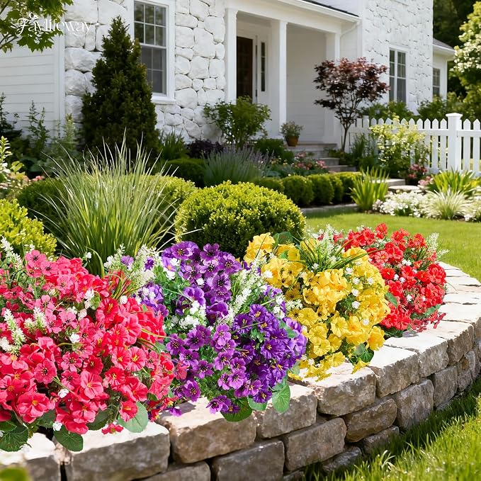 16 Bundles UV Resistant Silk Artificial Outdoor Flowers for Window Box | Mixed Color Realistic Anti-Fade Faux Flowers for Outside Planters,Garden,Porch,Patio,Yard,Home Decor(Purple&Hot Pink)
