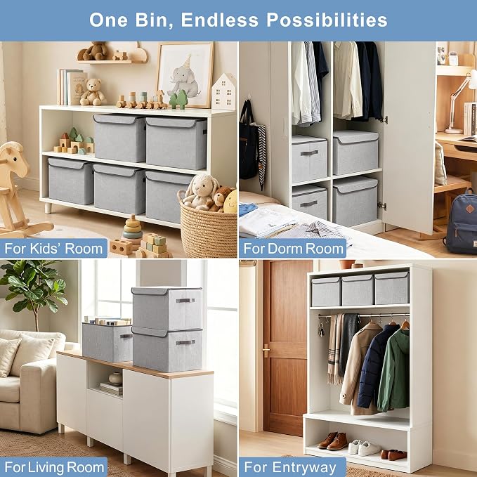 Linen Fabric Foldable Storage Cube Bin Organizer Basket with Flip-Top Lid & Handles, Large Clothes Blanket Box for Home, Office, Closet, Light Gray, 4 Pack 14.6 x 9.5 x 9.5”