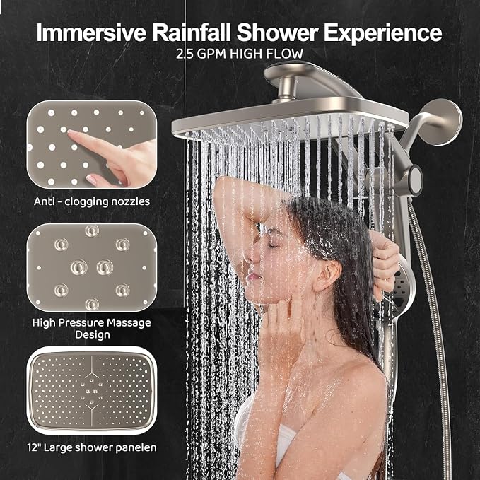 12-Inch High Pressure Rain Shower Head with Handheld Spray Combo, Magnetic | Dual shower heads; one-piece bracket adjusts height and angle; 9 settings: 8 sprays + 1 Power Jet for cleaning; easy install
