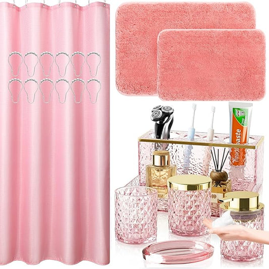 Pink Bathroom Accessories Set - 20PCS Glass Bathroom Set with Shower Curtain and Rugs, Soap Dispenser, Soap Dish, Cup, Qtip Jar, Toothbrush Holder, Stylish & Functional Bath Decor for Home, Apartment