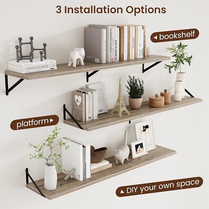 12 Inch Deep Floating Shelves for Wall - 55 Inch Wide x 12 Inch Deep Wall Shelves Set of 2 - Rustic Grey Wood Floating Shelves for Living Room